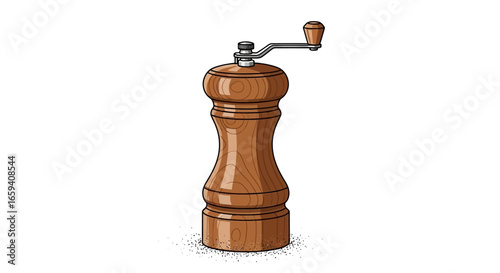 Handcrafted culinary charm: A classic pepper grinder ready to infuse flavors into any dish, showcasing its timeless wooden design with rustic