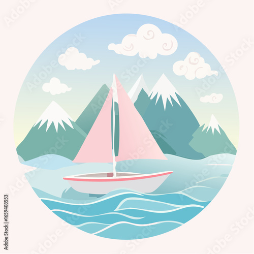 Travel poster seaside with yacht boat mountains and ocean paradise landscape summer vacation card with text travel background tropical resort banner vector beach illustration
2