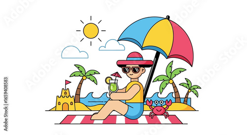 Cartoon depiction of a summer vacation scene with beach setting and leisure activities illustrating tropical getaway concept