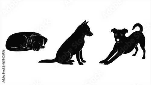 Three Dog Silhouettes Sleeping, Sitting, Stretching