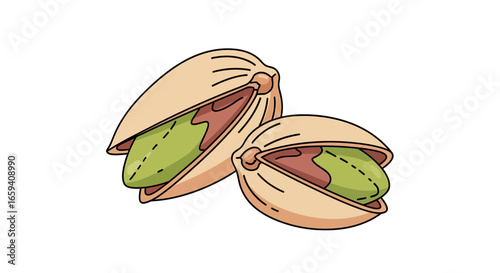 Illustrated pistachios with partially open shells revealing the pale green edible kernels delicious snack design for food related presentations or