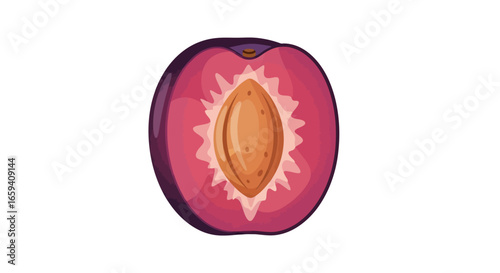 Illustration depicting a halved plum fruit showcasing its vibrant flesh and central pit against a stark white background, a minimalistic composition