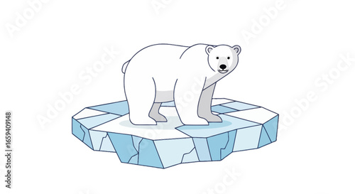 Cartoon Polar Bear on a Drifting Ice Floe Depicting the Fragility of Arctic Ecosystems, and the Impacts of Climate Change in a Visually Engaging Way