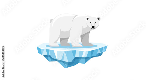 Isolated arctic wildlife, white polar bear standing, adrift on a small ice floe with white background, depicting arctic ecosystem challenges and