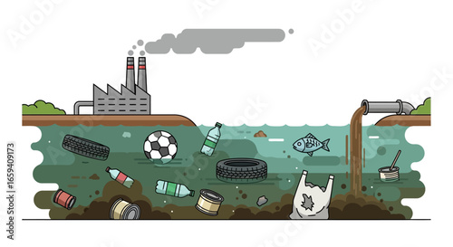 Environmental pollution illustration showing a factory and waste materials in water highlighting the harmful effects on the ecosystem