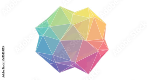 Geometric crystalline formation with segmented facets and rainbow gradient filling creates an illusion of intricate dimensionality and structure
