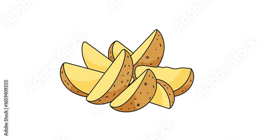Cartoonish Illustration of Freshly Cut Potato Wedges Pile, Isolated Against a White Backdrop, Ready to Be Cooked into Appetizing Side Dishes or Snacks