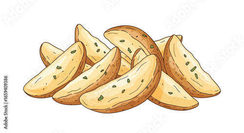 Inviting vector illustration showcasing a pile of golden potato wedges with herb seasoning against a plain background
