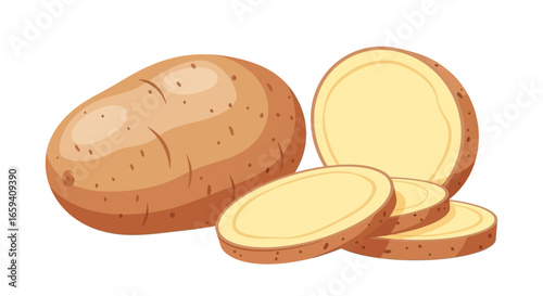 Wholesome potato tuber illustration showcasing sliced preparation and raw ingredients for culinary use in various recipes