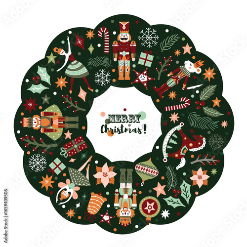 Christmas wreath with illustration from the ballet Nutcracker.Transparent background.Retro design.