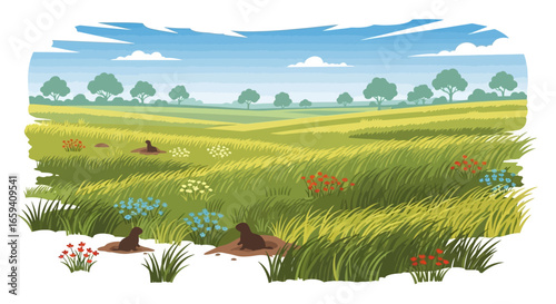 Vibrant meadow landscape with grazing animals and a picturesque sky, creating a serene and charming rural atmosphere ideal for background and