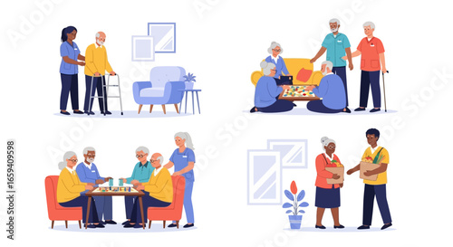 Senior community lifestyle illustrations depict elderly adults enjoying assistance and leisure activities together