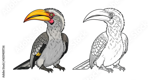 Spectacular Yellow Billed Hornbill Coloring Page with Dual Art Styles for Education