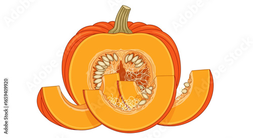 Vibrant still life illustration showcasing a sliced pumpkin with prominent seeds and rich, autumnal hues against a white background