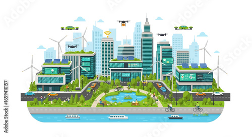 Futuristic Green Cityscape with Sustainable Infrastructure and Advanced Technology for Eco-Friendly Urban Living
