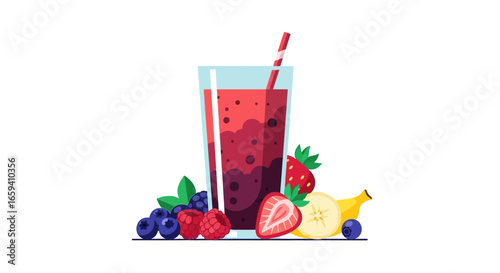 Illustration of a Vibrant Berry Smoothie with Fresh Fruit Accoutrements on a White Background ready to enjoy and energize your day