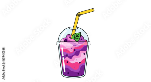 Whimsical fruit smoothie with vibrant purple and pink hues in a playful cartoon style graphic isolated on a clean white backdrop