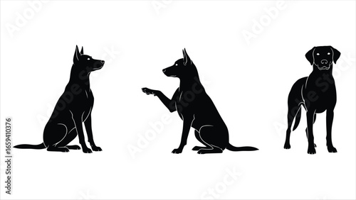 Dog Silhouettes Sitting, Paw, Standing - Vector Illustrations
