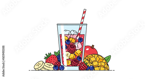 Refreshing fruit smoothie with mixed berries mangoes and ice cubes in a glass illustration with straw summer vibes and minimalist outline vector