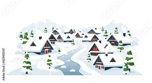 Charming Winter Village Illustration: Snow-Covered Chalets and Winding River amidst Majestic Mountains