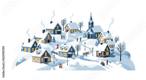 Charming winter village scene with snow-covered houses and church on a hillside idyllic landscape