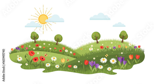 Enchanting Spring Meadow Landscape: A Whimsical Scene of Blooming Flowers and Sunny Skies Cartoon Illustration
