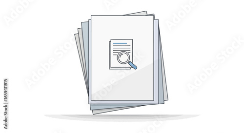 Document Stack with Magnifying Glass Representing Detailed Analysis and Information Review Process Examination Illustration Searching Filing 87