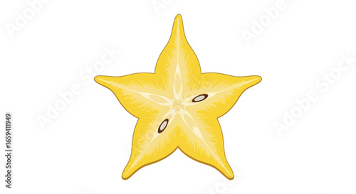 Illustration showcasing the vibrant details of a sliced star fruit in a stylized manner, highlighting its unique shape and internal texture on white