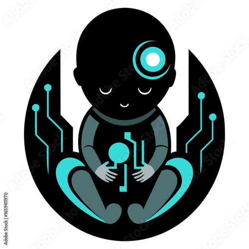 Vector illustration of a futuristic  imaginative digital artwork of a human baby inside a robot's womb