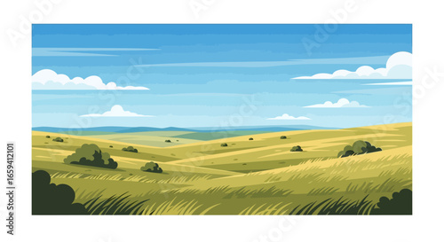 Serene grasslands panoramic view with rolling hills, tufts of green vegetation, and fluffy clouds, evoking tranquility and natural beauty