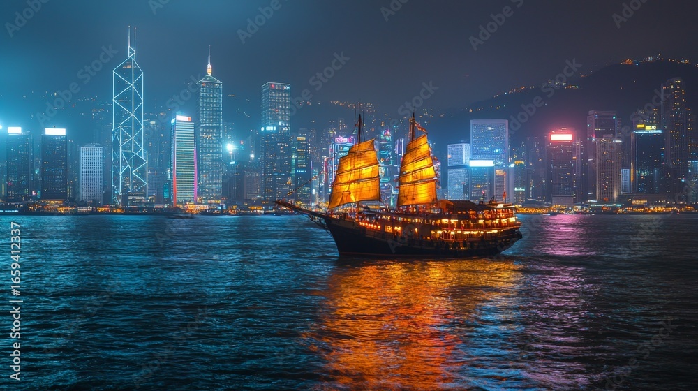Naklejka premium Victoria Harbor Hong Kong night view with junk ship