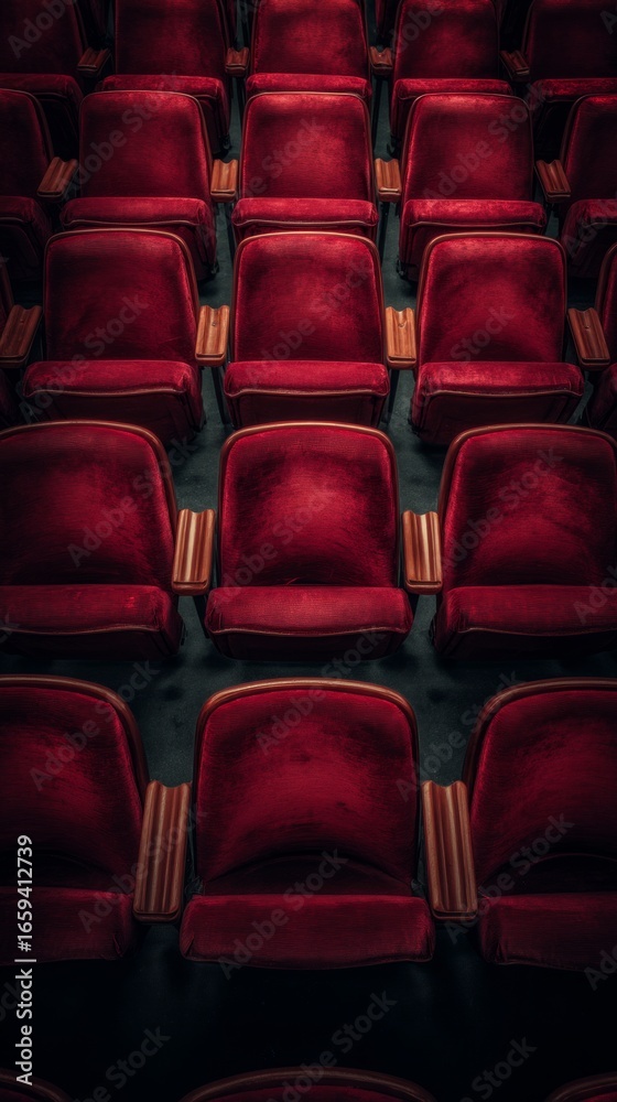 Obraz premium Rows of Red Velvet Seats in Empty Cinema Hall