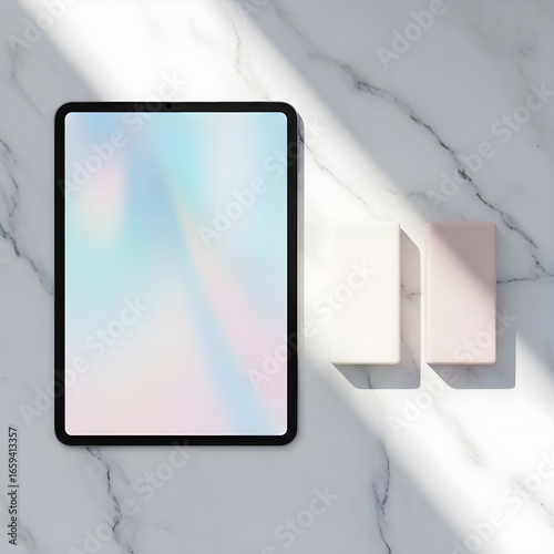 Modern Digital Tablet and Minimalist Product Display on a Marble Surface Under Sunlight
