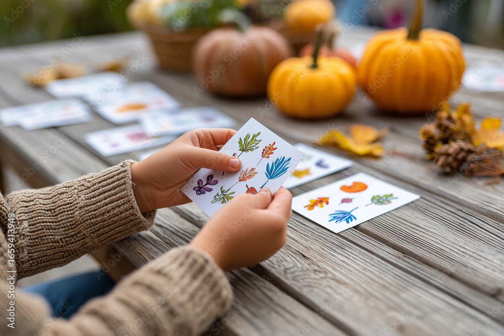 Obraz premium Close-up of handmade Thanksgiving cards on picnic table, childs hand placing a sticker, blurred pumpkins and leaves around,