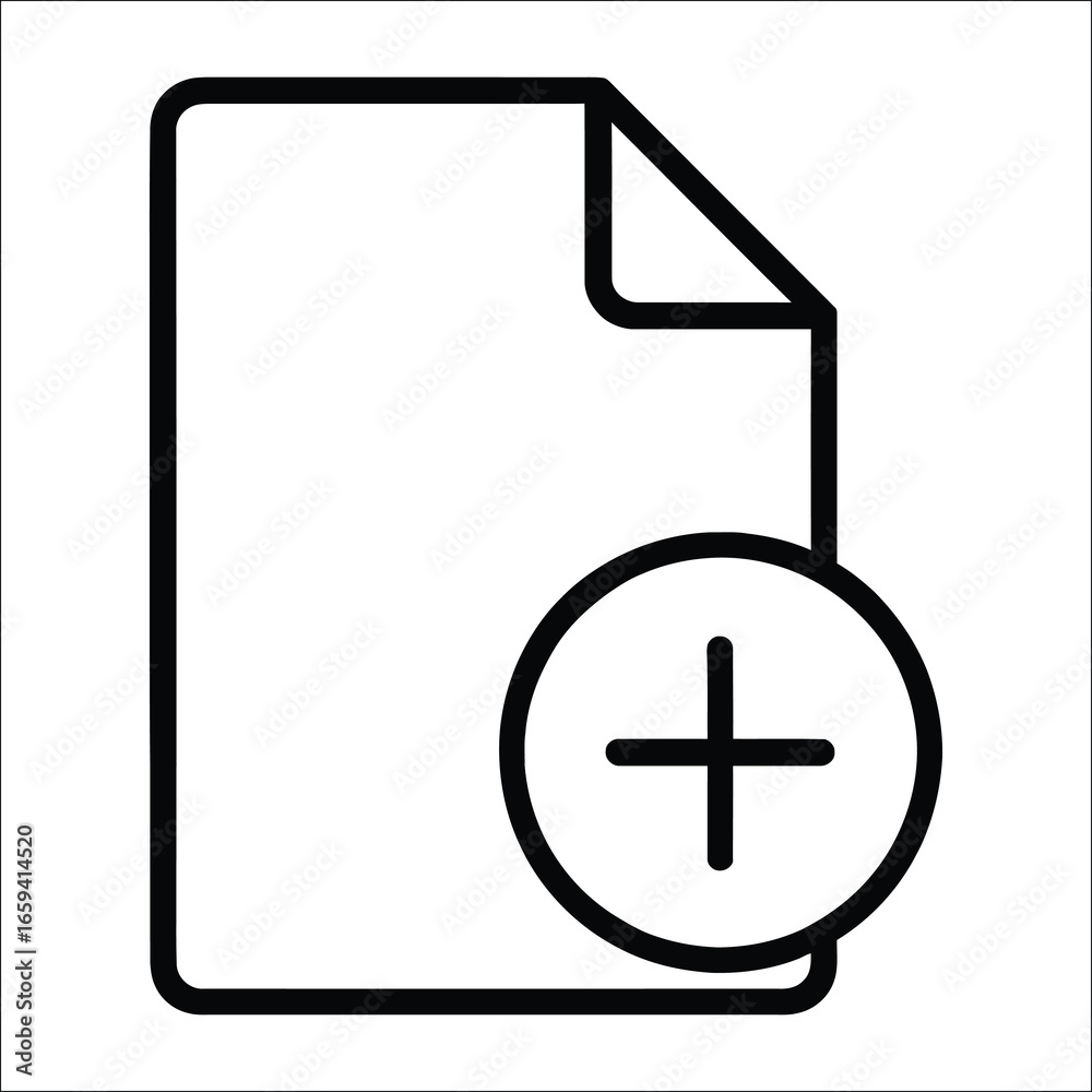 Obraz premium Minimalist New File Icon with Plus Sign – Black Line Art Symbol for Create, Add Document, or Generate New File on White Background.