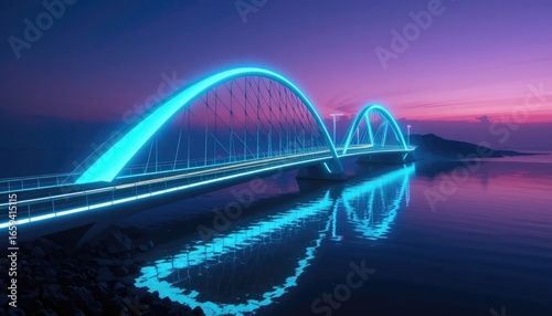 Litup arched bridge at night over a lake with reflection