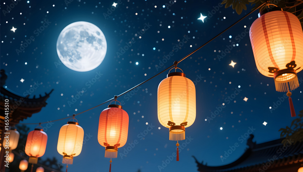Naklejka premium Mid-Autumn Festival Kongming Lantern Night Moon National Trend National Style Wishing Blessing Illustration