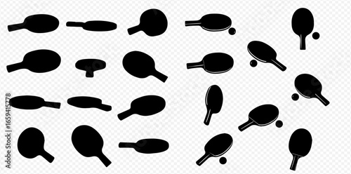 Black silhouettes of table tennis paddles and balls in various orientations on a transparent background.