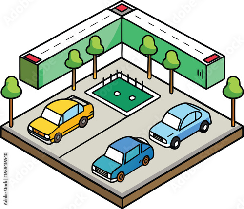 Isometric view of a parking lot with cars trucks and a bus 