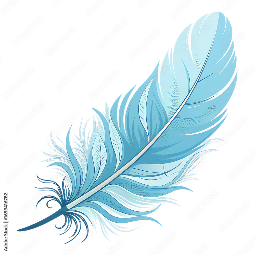 Obraz premium Feather icon with soft curved shape, light blue minimalist flat vector design, PNG transparent background