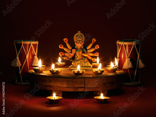 Idol of goddess durga with diyas and drums during a religious festival, symbolizing devotion and cultural celebration in india