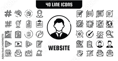 40 Website Line Icons Set – Minimal Outline Style for Web Development, Coding, and Technology