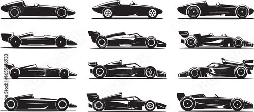 race car silhouette collection in black and white vector style showcasing aerodynamic motorsport vehicle designs