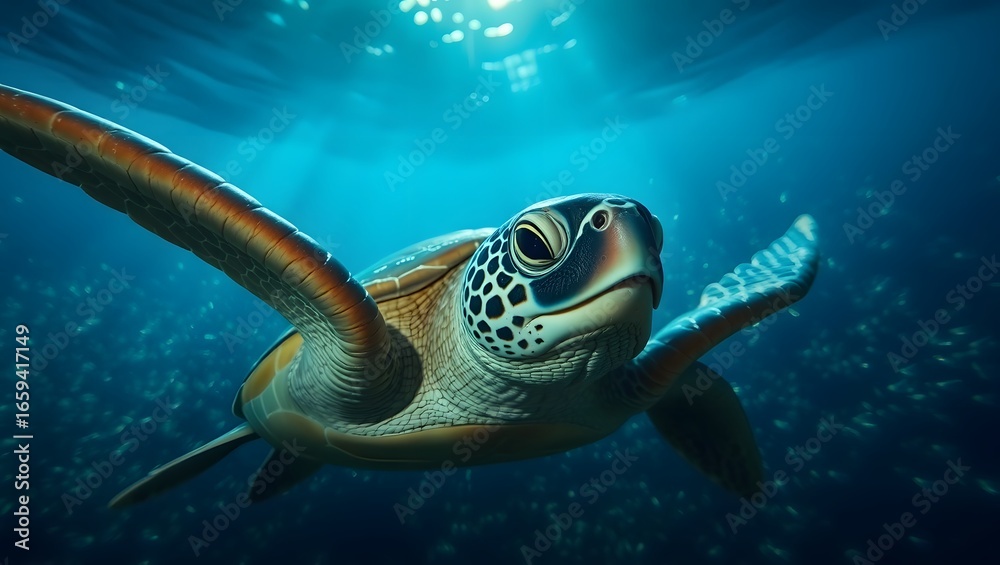 Fototapeta premium A sea turtle swimming gracefully underwater with sunlight filtering from the surface above the ocean
