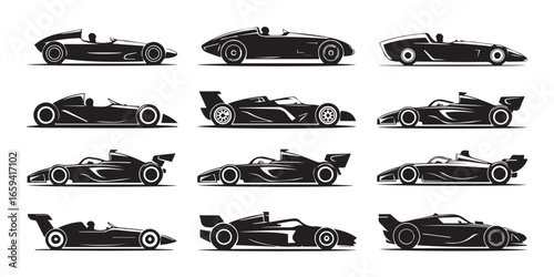 high detail race car vector silhouettes in black and white style perfect for automotive design and racing projects