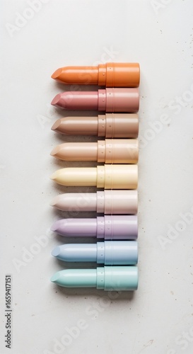 Top-Down Flat Lay of Ten Pastel Lipsticks in Row on Light Background
