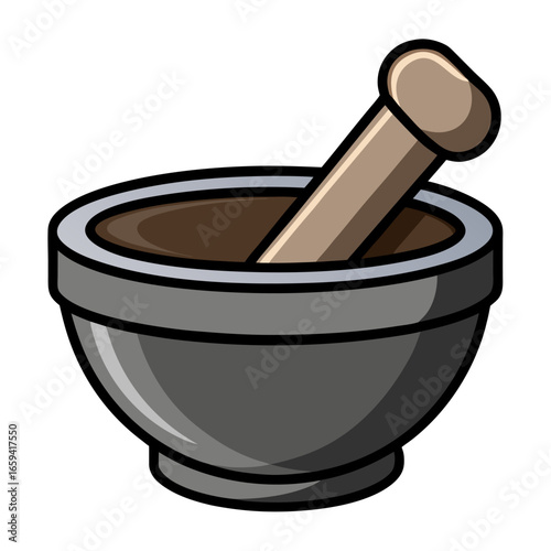 A gray mortar and pestle on a white background for cooking or pharmacy