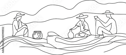 A continuous line drawing depicts individuals playing the Gayageum or Kayagum, a traditional Korean stringed instrument resembling a zither, in a hand-drawn sketch of a Korean music performance