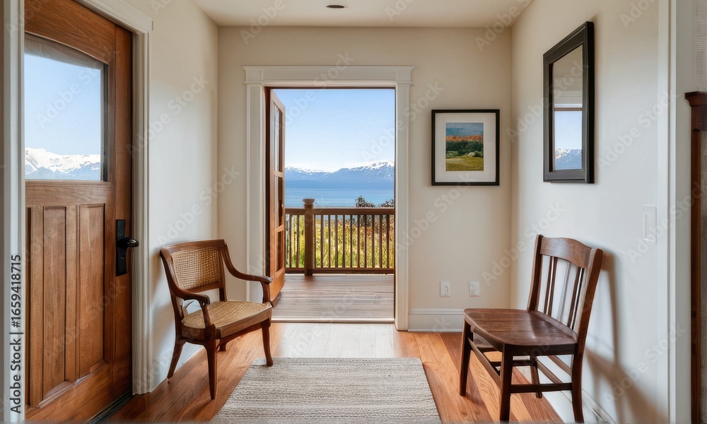 Fototapeta premium Bright Hallway with Mountain View and Wooden Chairs