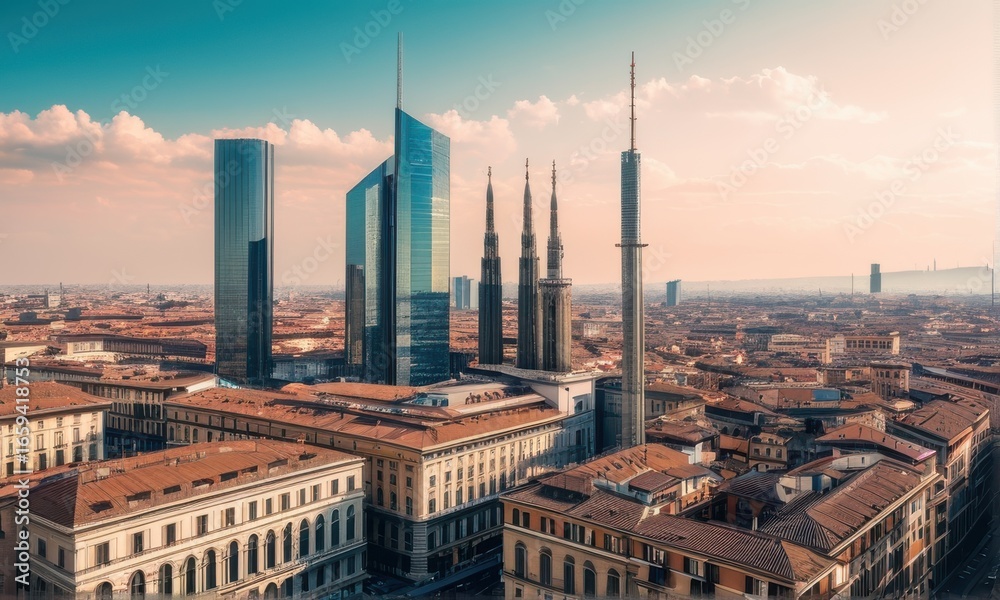 Obraz premium City Skyline Sunset Modern and Traditional Architecture